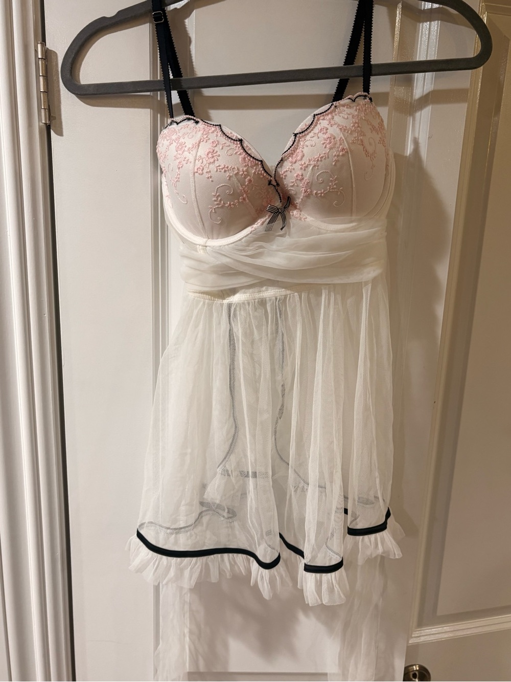 Sheer White & Pink Lace Babydoll Chemise with Black Trim